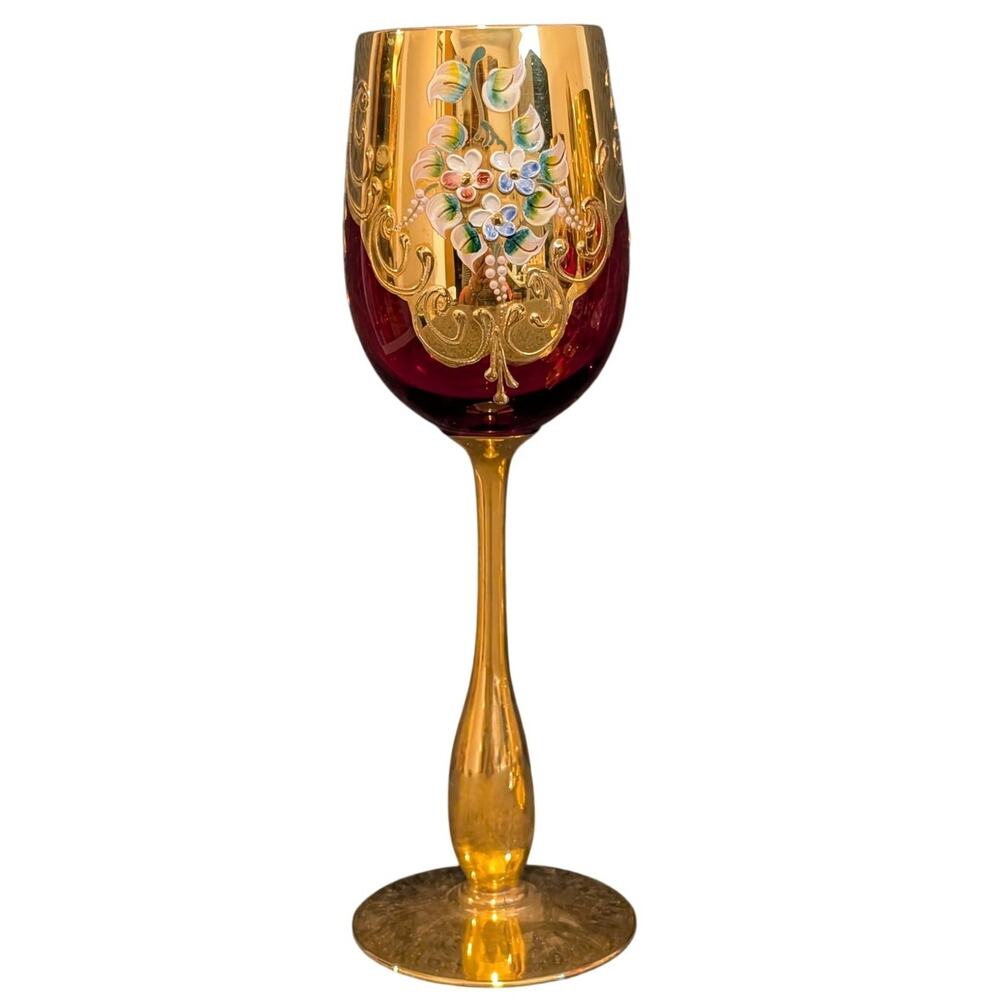 Vintage 50s Red Stemmed Wine Goblet Tre Fuochi Murano Italy Venetian Heavy Gilt